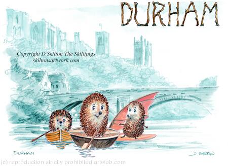 Durham with the Skillipigs boating in the mist. 6 by 4 inch greeting card with brown recycled envelope.