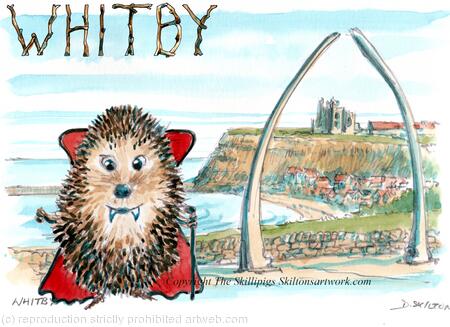 Whitby whale bones and harbour with the Skillipigs. 6 by 4 inch greeting card with brown recycled envelope.