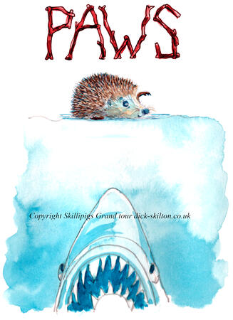 639 PAWS shark! Skillipigs greeting card 6 by 4 inches with brown recycled envelope.