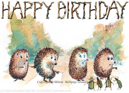 636 HAPPY BIRTHDAY Abbey road Skillipigs greeting card. 6 by 4 inch ivory card with brown recycled envelope. 
