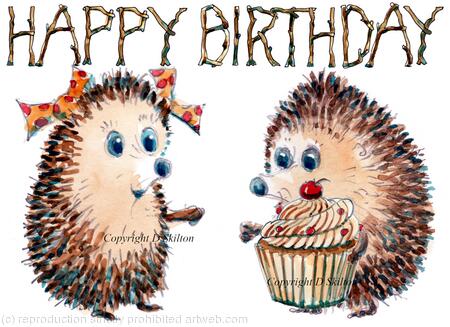 632 HAPPY BIRTHDAY giving cakes. Skillipig greeting card 6 by 4 inch ivory card with brown recycled envelope.