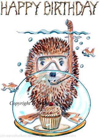 631 diver and cup cake HAPPY BIRTHDAY. Skillipig greeting card 6 by 4 inches with brown recycled envelope.