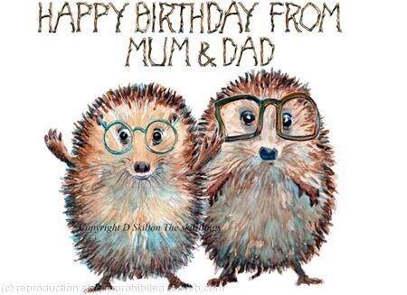629 HAPPY BIRTHDAY FROM MUM AND DAD Skillipigs greeting card 6 by 4 inches with brown recycled envelope.