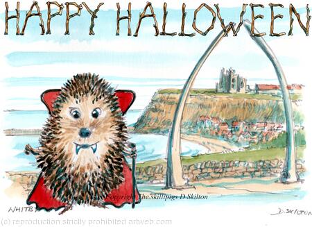 2 WHITBY  HAPPY HALLOWEEN Dracula at Whitby Harbour. Skillipig greeting card 6 by 4 inches with brown recycled envelope.