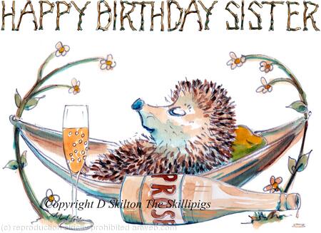 626 HAPPY BIRTHDAY SISTER Prosecco and hammock. Skillipigs greeting 6 by 4 inches greeting card with brown recycled envelope
