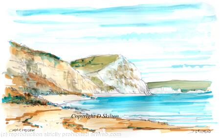 Charmouth beach and cliffs watercolour as a 6 by 4 inch greeting card.