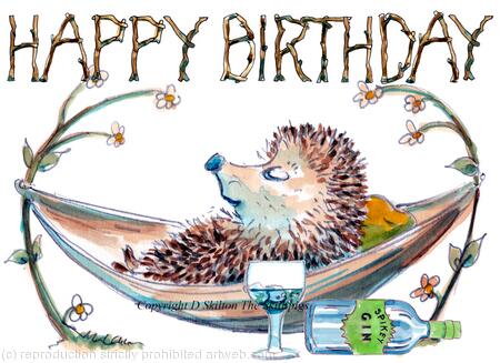 622 HAPPY BIRTHDAY gin and hammock Skillipig greeting card. 6 by 4 inches with brown recycled envelope.