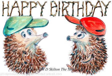621 HAPPY BIRTHDAY twins boys. Skillipig greeting card 6 by 4 inches with brown recycled envelope.