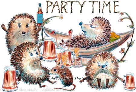 620 PARTY TIME  Skillipigs greeting card 6 by 4 inches with brown recycled envelope.