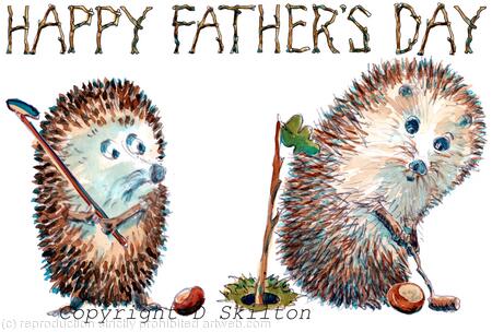 619 HAPPY FATHERS DAY two golfers. Skillipigs greeting card 6 by 4 inches with brown recycled envelope.