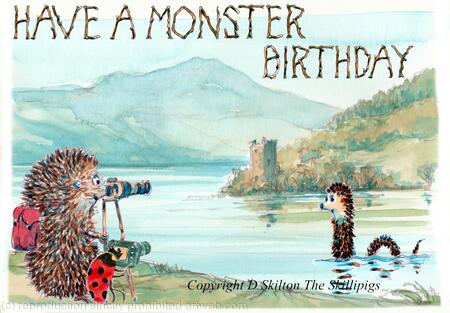 617 HAVE A MONSTER BIRTHDAY Loch Ness. Skillipig greeting card with brown envelope.
