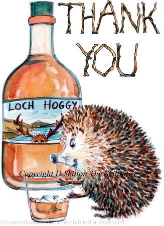 616 THANK YOU whisky and glass. Skillipigs greeting card 6 by 4 inches with brown recycled envelope.