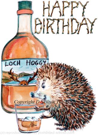 615 HAPPY BIRTHDAY whisky and glass. Skillipig greeting card 6 by 4 inches with recycled brown envelope.
