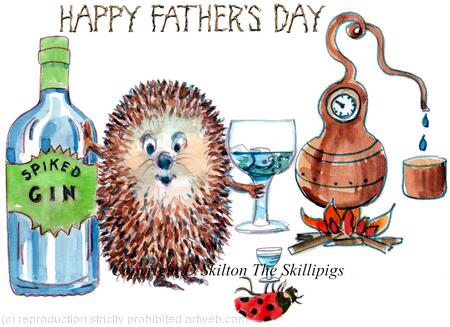 612 HAPPY FATHER'S DAY gin and still. Skillipigs greeting card with brown recycled envelope.