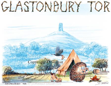 Glastonbury Tor camping Skillipig Grand tour greeting card. 