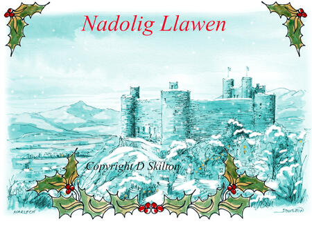 2 Harlech Christmas card, snow. 6 by 4 white card and envelope. Nadolig LLawen.