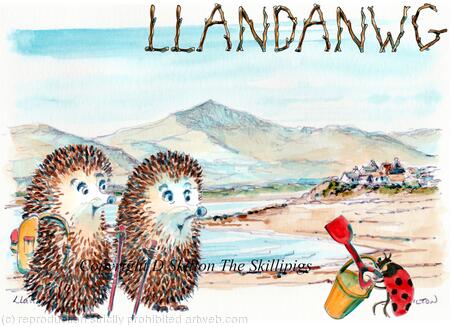 Llandanwg beach with the Skillipig walkers. greeting card 6 by 4 inches brown envelope.