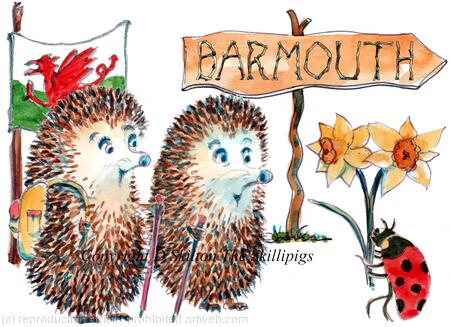 Barmouth skillipig walkers with sign post. 6 by 4 inch greeting card with brown recycled envelope.