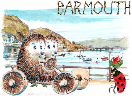 Barmouth with the Skillipigs in a car. 6 by 4 inch Greeting card with brown recycled envelope.