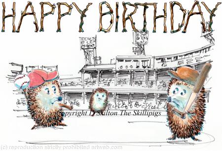 595 Baseball with the skillipigs HAPPY BIRTHDAY. 6 by 4 inch greeting card with brown recycled envelope.