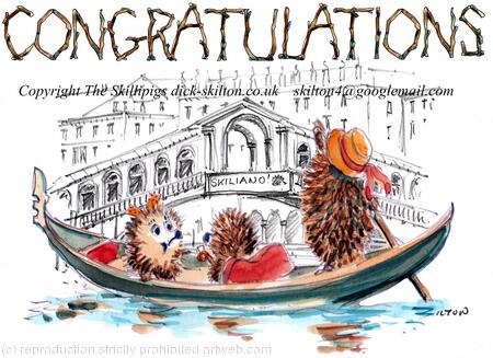 594 CONGRATULATIONS Venice and gondola. Skillipig Greeting card 6 by 4 inches with brown recycled envelope.