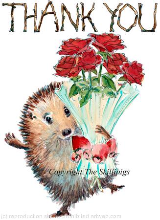 590 THANK YOU roses. Skillipig greeting card, 6 by 4 inches with brown recycled envelope.