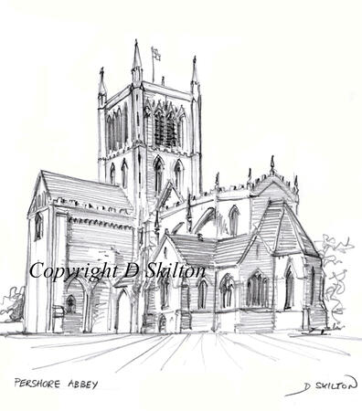 Pershore Abbey pencil drawing as a 6 by 4 inch greeting card.