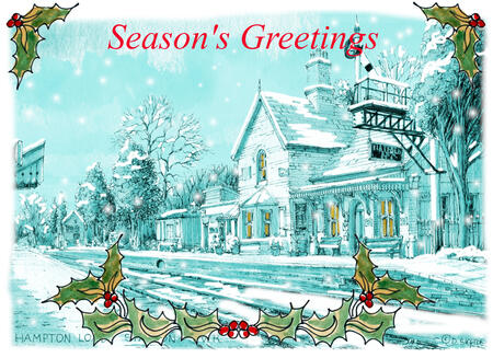 Hampton Loade Station snow SEASON'S GREETINGS 6 by 4 inch greeting card with white envelope.
