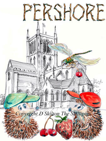 Pershore Abbey Skillipig Grand tour with fruit. 6 by 4 inch greeting card with brown recycled envelope.