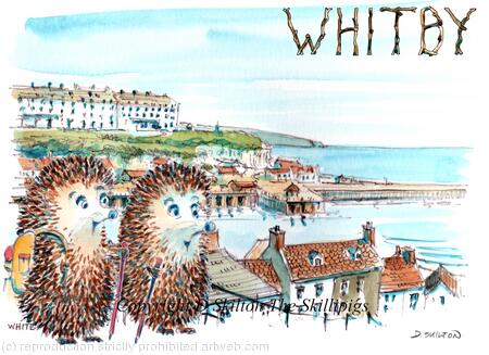 Whitby Harbour with Skillipig walkers. 6 by 4 inch greeting card with brown recycled envelope.