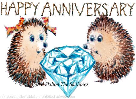 649 HAPPY ANNIVERSARY diamond. Skillipig greeting card 6 by 4 inches with brown recycled envelope