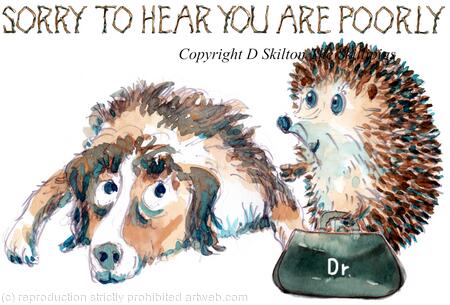 586 SORRY TO HEAR YOU ARE POORLY. Skillipig doctor 6 by 4 inch greeting card with recycled brown envelope.