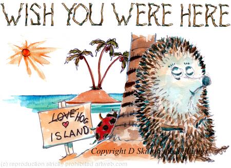 480 WISH YOU WERE HERE Skillipig greeting card 6 by 4 with brown recycled envelope.