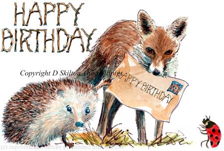 584 hedgehog fox HAPPY BIRTHDAY and on letter. Skillipig 6 by 4 inch greeting card with brown recycled envelope.