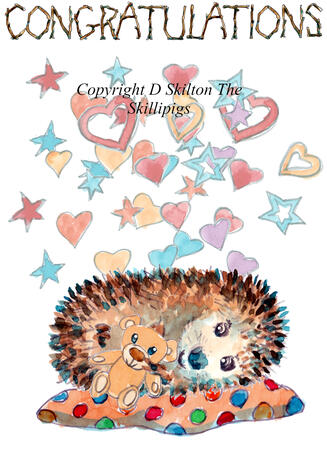 583 CONGRATULATIONS Hoglet with teddy 6 by 4 inch greeting card with brown recycled envelope.