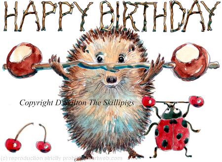 490 HAPPY BIRTHDAY at the gym. Skillipig 6 by 4 inch greetng card with brown recycled envelope