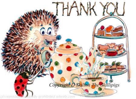 446 THANK YOU tea and cakes. Skillipig 6 by 4 inch greeting card with brown recycled envelope.