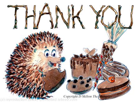 273 THANK YOU chocolate eating. 6 by 4 inch skillipig greeting card with brown recycled envelope. 