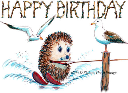 654 water Skier HAPPY BIRTHDAY. Skillipig 6 by 4 greeting card with brown recycled envelope 