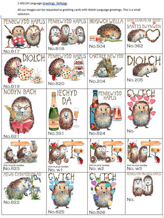 1 page of the Skillipigs Welsh language collection. choose the design you want and contact us. card 6 by 4 inches with brown recycled envelope.