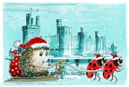 Caernarfon Castle with Santa paws Skillipig Christmas card 6 by 4 