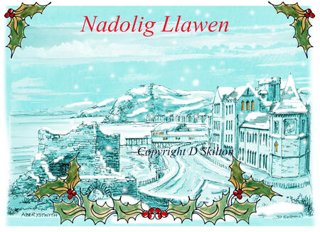 Aberystwyth Christmas card NADOLIG LLAWEN 6 by 4 inch white card and envelope. English greeting available. 