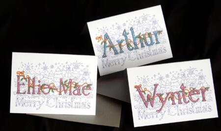 ARTHUR ELLIE MAE WYNTER examples of Christmas name art 6 by 4 inch cards with silver envelopes. This purchase is for one card and you need to message which name  you want 