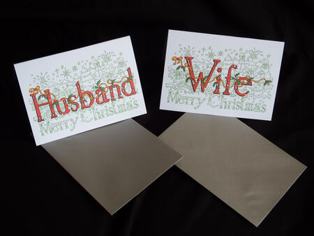 Husband or wife Christmas cards PLEASE SAY WHICH ONE. 6 by 4 inch card with silver envelope. The price via Paypal is for one card. Any relative name available.
