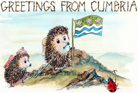 GREETINGS FROM CUMBRIA skillipig card. 6 by 4 inch card with brown envelope.