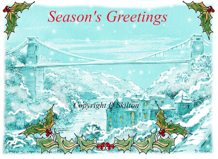 Clifton Suspension Bridge snow SEASONS GREETINGS 6 by 4 inch card with envelope.