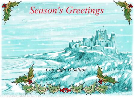 BAMBURGH CASTLE Christmas card 6 by 4 inch card with envelope.