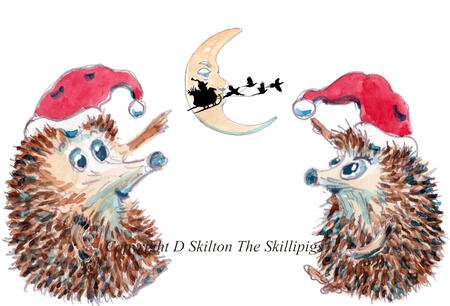 248 The twins at Christmas with sleigh and moon. Skillipigs Christmas card. 6 by 4 inch card with brown recycled envelope.