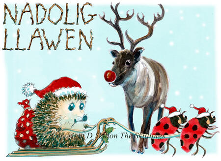 847 NADOLIG LLAWEN reindeer sleigh. Skillipig Chrismas card. 6 by 4 inches with brown envelope. 