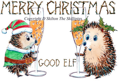 809 GOOD ELF , MERRY CHRISTMAS Skillipigs Christmas card 6 by 4 inch card with a brown envelope.